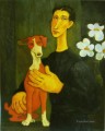 Frau mit Hund und Blumen